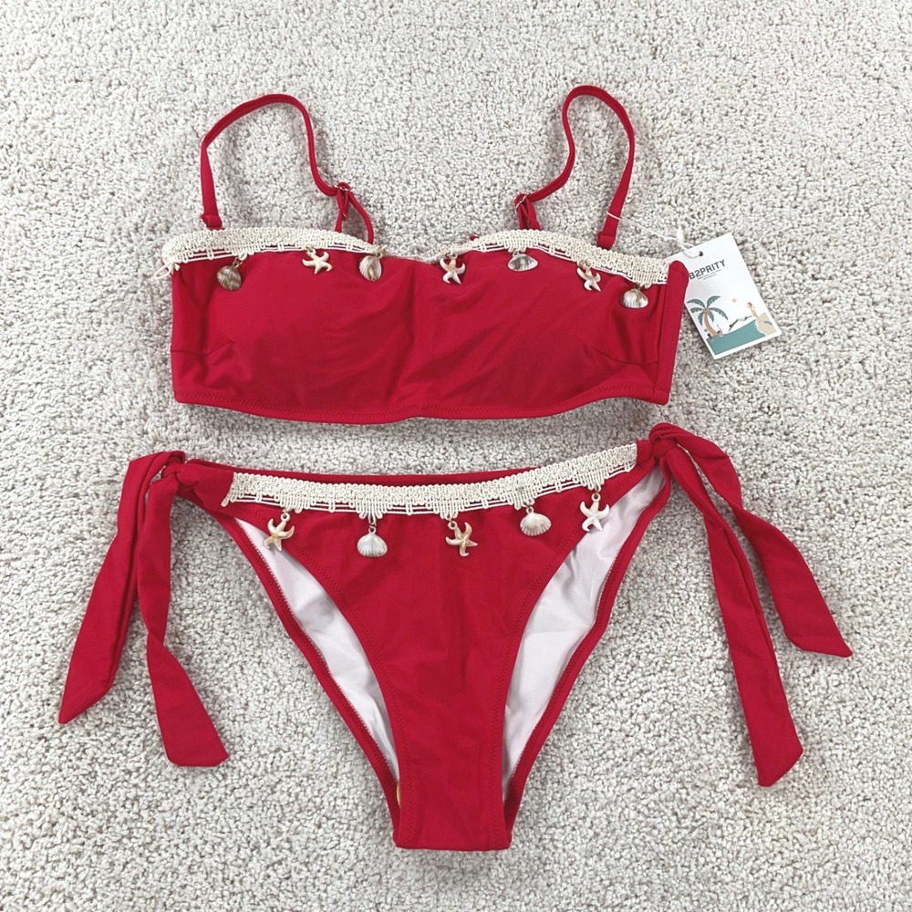 B2PRITY Red Bikini Set Seashell Starfish Charms Crochet‎ Trim Small NEW